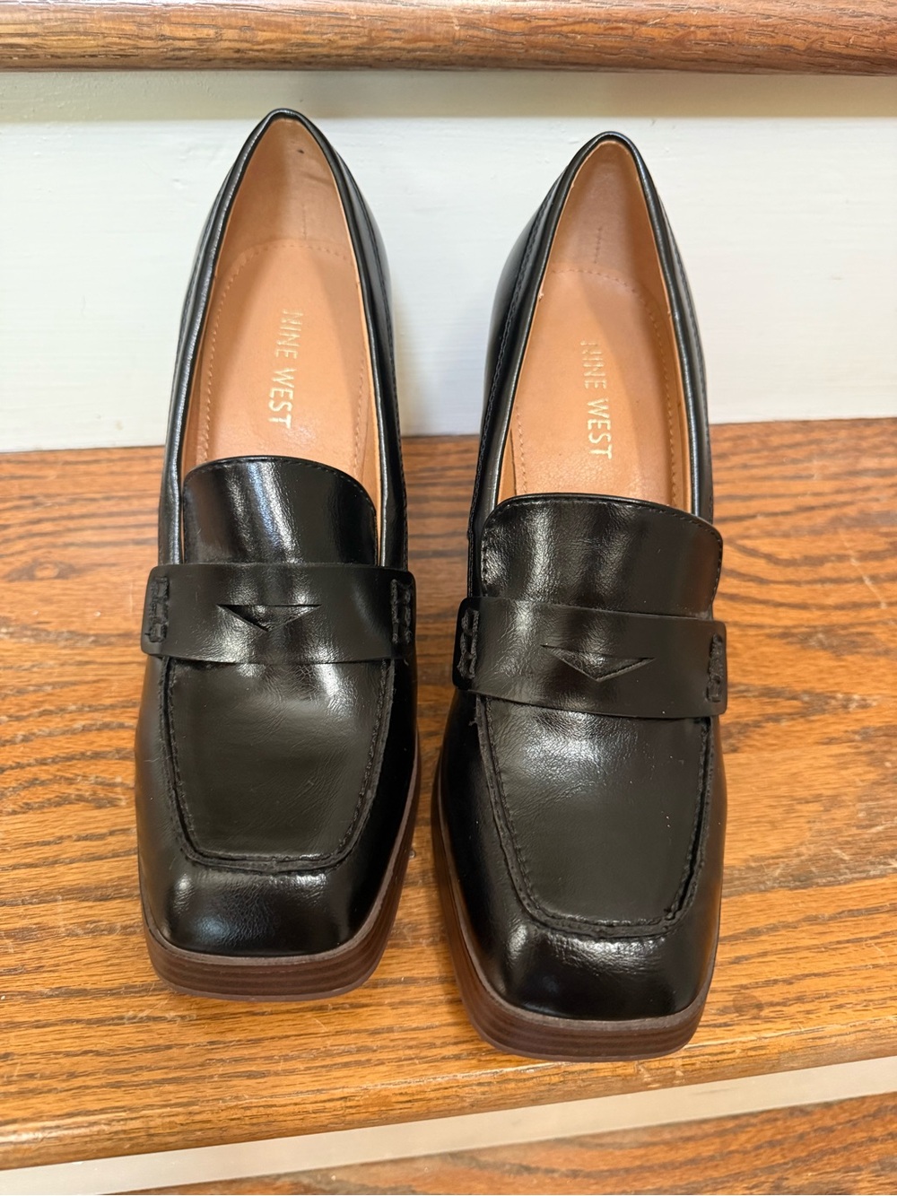 Nine West Black Leather Block Heel Penny Loafer Mary Jane Pumps Sz 8 Platform - Picture 3 of 13